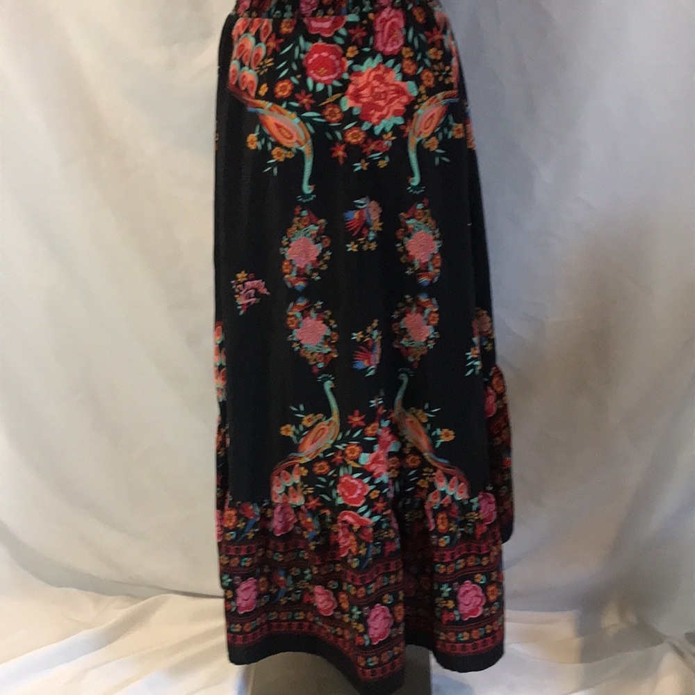 Black floral peacock colorful print short sleeves hi-low maxi dress boho gypsy M - Picture 7 of 16